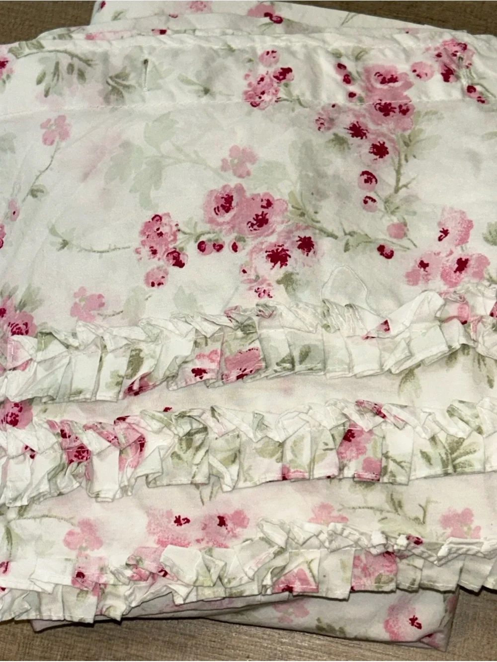 Shabby Chic Twin Size Flat Sheet Ruffled Fold Over Pink Florals Cottage Core